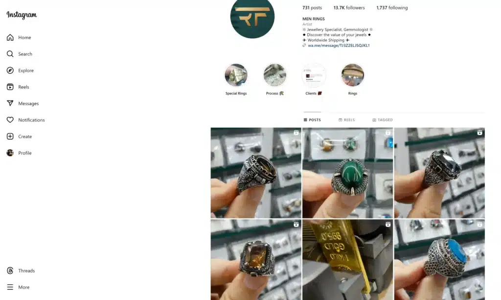 Instagram interface showcasing men's rings in a stylish display