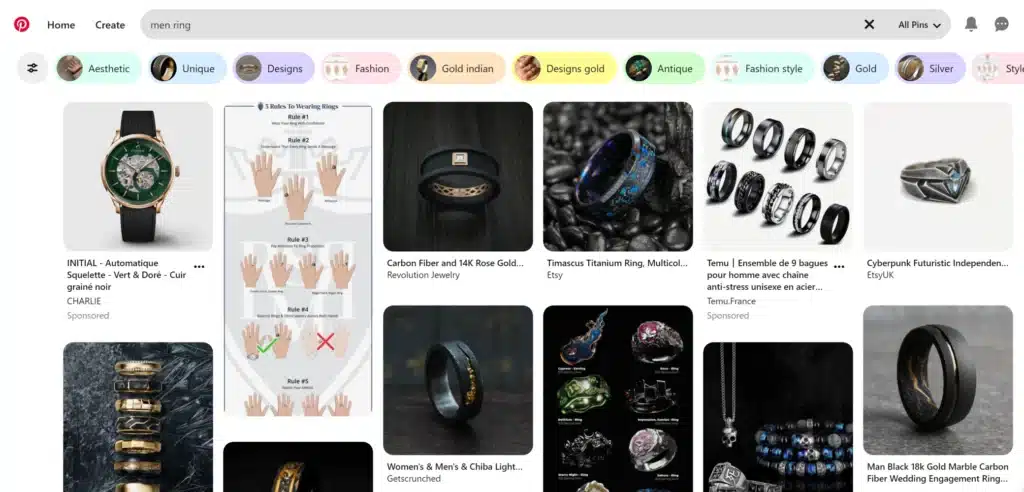 Pinterest interface displaying men's rings inspiration and ideas